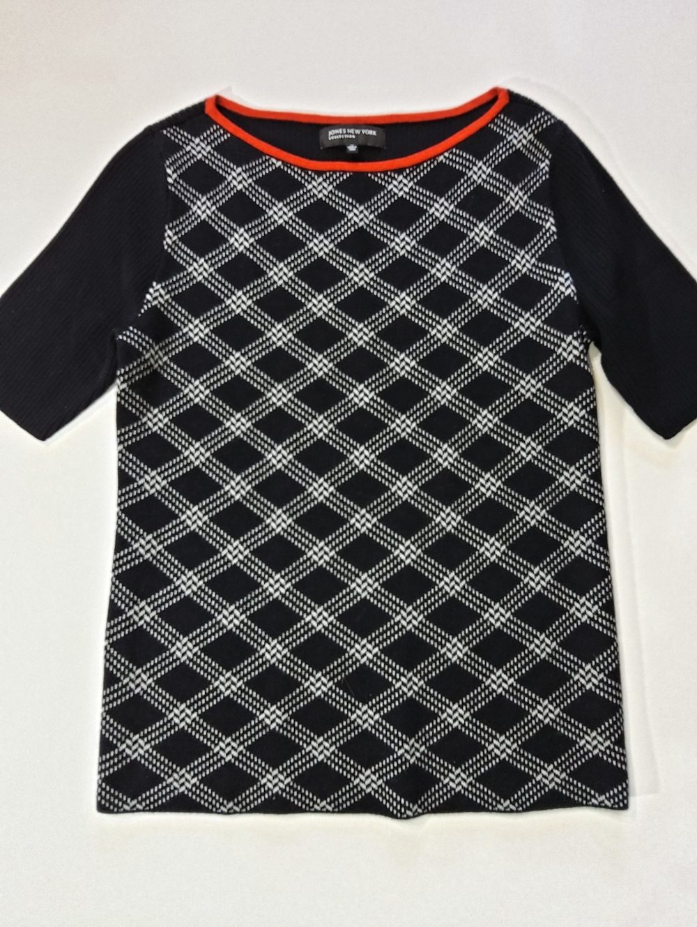 Jones New York Knit‎ Top Womens Medium Black White Geometric Dark Academia